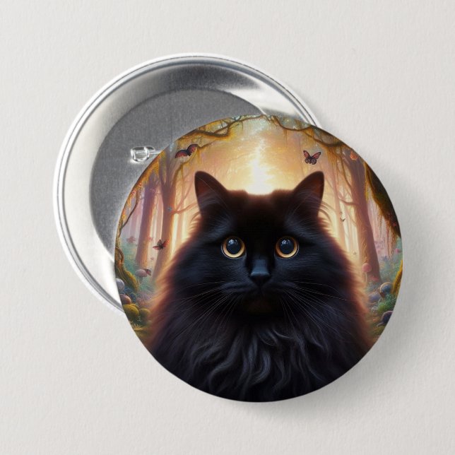 Badge Rond 7,6 Cm Belle Fluffy Chat Noir avec yeux or (Devant & derrière)