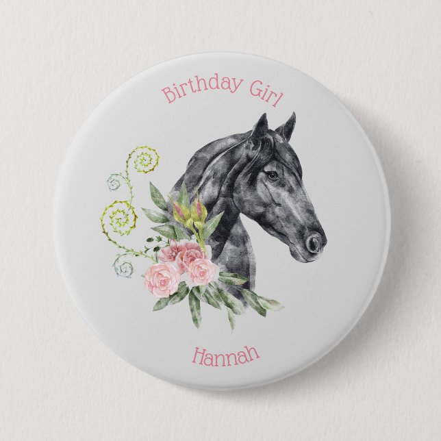 Badge Rond 7,6 Cm Belle illustration de cheval - Fille d'anniversair (Devant)