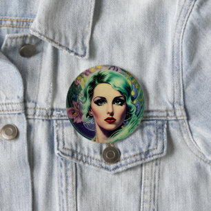 Badge Rond 7,6 Cm Belle Lavande & Green Retro Style Space Woman