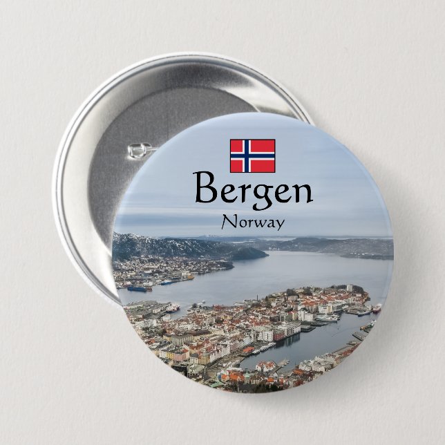 Badge Rond 7,6 Cm Bergen Norvège (Devant & derrière)