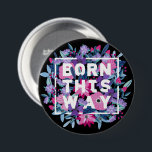 Badge Rond 7,6 Cm Bi Pride Florale rose violet<br><div class="desc">Bi bouton de fierté en noir avec Born This Way écrit en caractères blancs gras sur un lit de fleurs,  baies et feuilles en rose,  violet et bleu.</div>