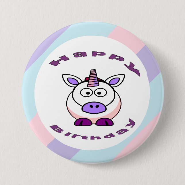 Badge Rond 7,6 Cm Blancs et violets Unicorne heureux anniversaire (Devant)