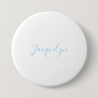 Badge Rond 7,6 Cm Bleu Blanc Plaine Élégant Moderne Calligraphie Nom