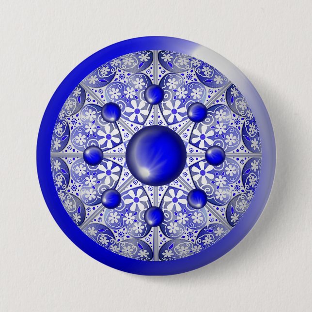 Badge Rond 7,6 Cm Bleu de dentelle en céramique de Grèce (Devant)