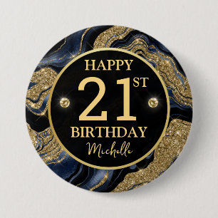 Badge Rond 7,6 Cm Bleu Nuit Élégant et Paillettes Dorées Anniversair