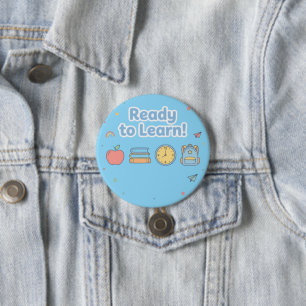 Badge Rond 7,6 Cm Bleu Prêt à apprendre Mignon retour à l'école