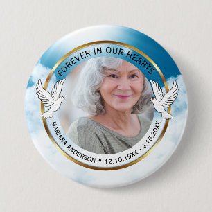 Badge Rond 7,6 Cm Bleu Traditionnel et Blanc À jamais dans nos cœurs