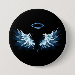 Badge Rond 7,6 Cm Blue Glowing Angel Wings on black background