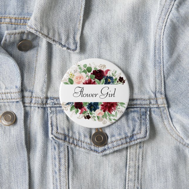 Badge Rond 7,6 Cm Boho Bloom | Burgundy et Navy Blue Bride Party (En situation)