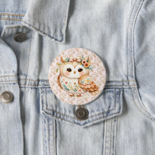Badge Rond 7,6 Cm Boho Cottagecore Owl Floral Farmcore Charme