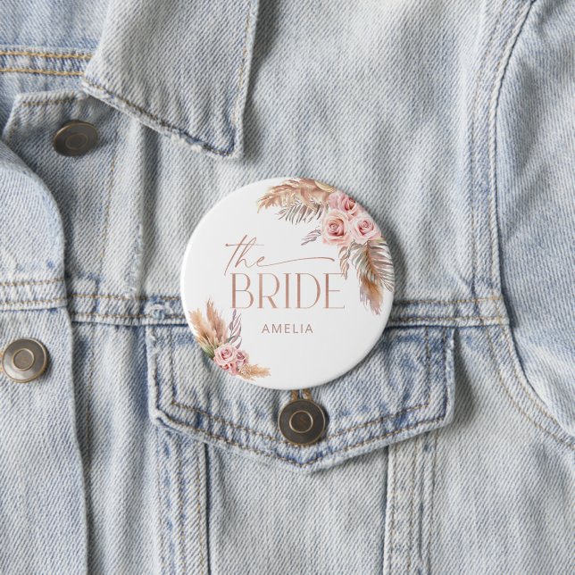 Badge Rond 7,6 Cm Boho Floral Pampas Rose Gold Bride (En situation)