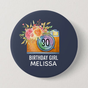 Badge Rond 7,6 Cm Boho Orange Camera & Fleurs Aquarelle Anniversaire