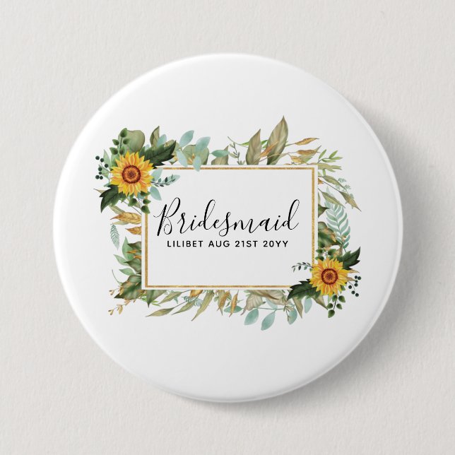 Badge Rond 7,6 Cm Boho Sunflower Sage Mariage de verdure (Devant)