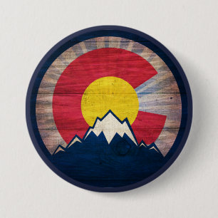 Badge Rond 7,6 Cm Bois rustique Colorado drapeau montagnes pin bouto