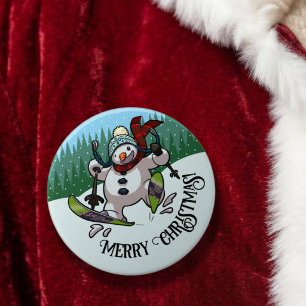 Badge Rond 7,6 Cm Bonhomme de neige faisant du ski Joyeux Noël ! Rem