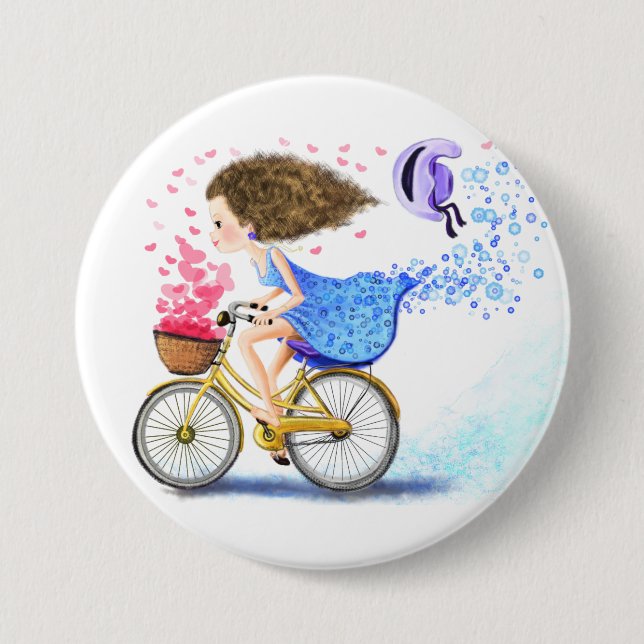Badge Rond 7,6 Cm Bonne Jeune Fille Sur Un Vélo - Coeurs D'Amour Rom (Devant)