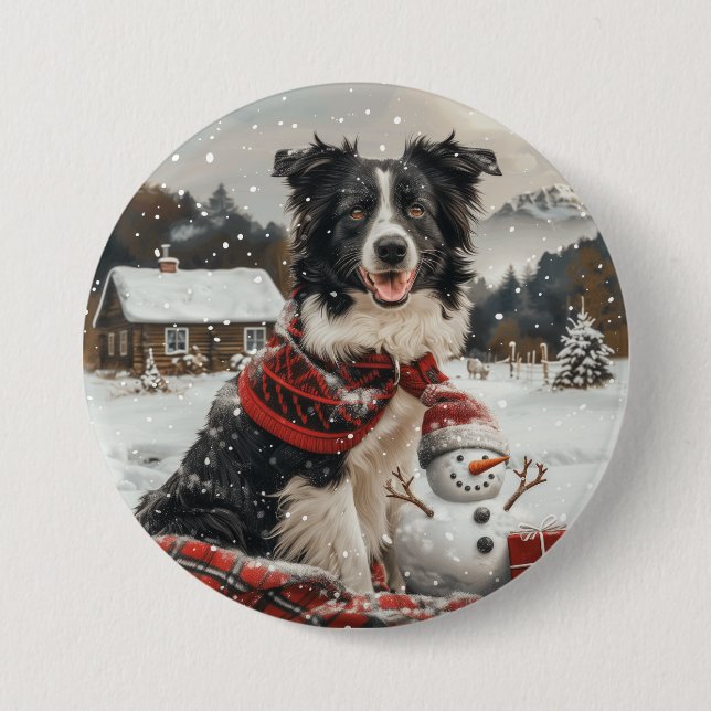 Badge Rond 7,6 Cm Bordure de Noël Collie Chien Snowman (Devant)