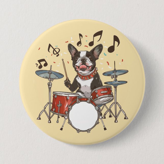 Badge Rond 7,6 Cm Boston Terrier Dog Playing Drums (Devant)