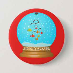 Badge Rond 7,6 Cm Boule de poisson neige globe mignon rouge bleu bla