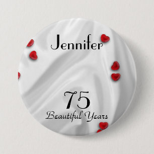 Badge Rond 7,6 Cm Bouton 75e anniversaire / Épingle, Petits Coeurs 