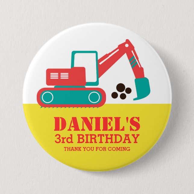 Badge Rond 7,6 Cm Bouton Anniversaire de enfant de l'excavateur à ca (Devant)