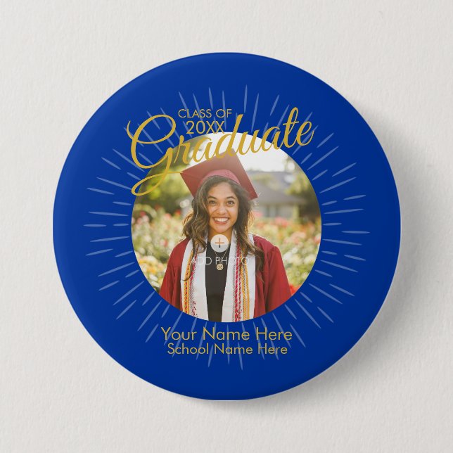 Badge Rond 7,6 Cm Bouton Bleu et Gold Star Graduate (Devant)