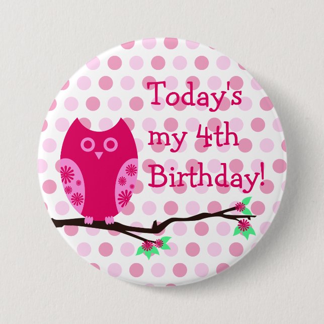 Badge Rond 7,6 Cm Bouton de 4e anniversaire de la Chouette rose (Devant)