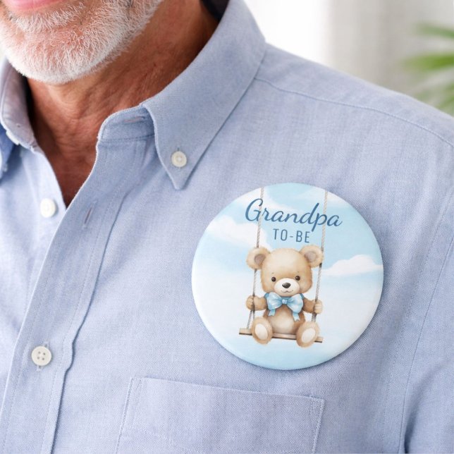 Badge Rond 7,6 Cm Bouton de Baby shower de l'ours en peluche (Grandpa to Be button worn on shirt, soft blue teddy bear baby shower theme)