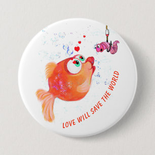 Badge Rond 7,6 Cm Bouton de dessin animé romantique Poisson et vers