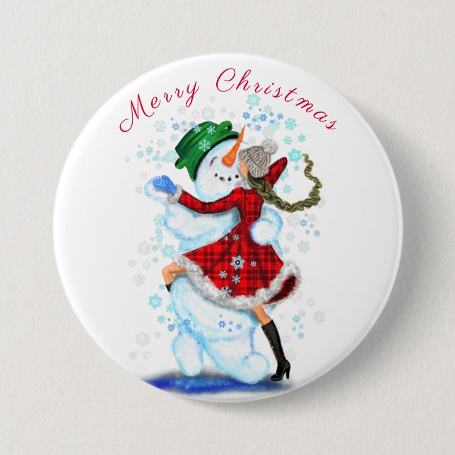 Badge Rond 7,6 Cm Bouton de Noël Cadeau Snowman and Girl Dance (Devant)