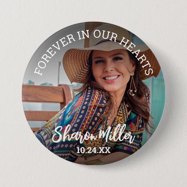 Badge Rond 7,6 Cm Bouton de photo souvenir 'À jamais dans nos cœurs' (Devant)