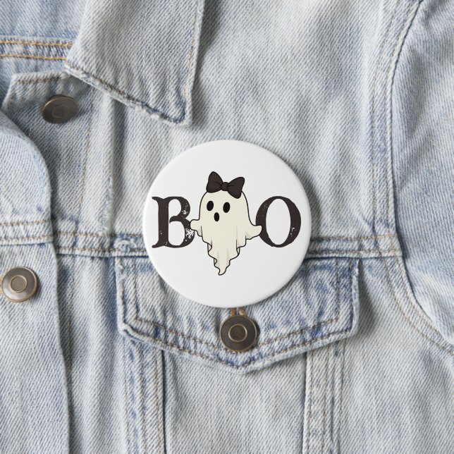 Badge Rond 7,6 Cm Bouton d'Halloween mignon - Fantôme "Boo" avec Bow (En situation)