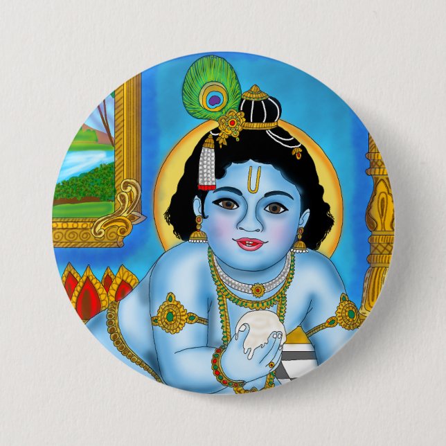 Badge Rond 7,6 Cm Bouton Enfant Krishna (Devant)