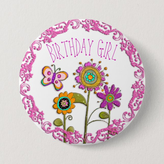 Badge Rond 7,6 Cm Bouton Folksy Whimsical Floral Birthday Girl (Devant)