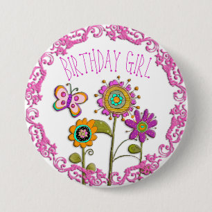 Badge Rond 7,6 Cm Bouton Folksy Whimsical Floral Birthday Girl