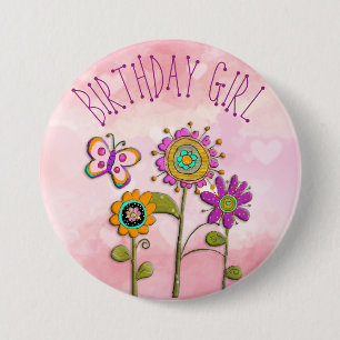 Badge Rond 7,6 Cm Bouton Folksy Whimsical Floral Birthday Girl