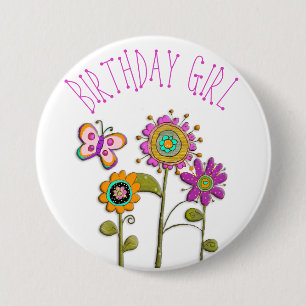 Badge Rond 7,6 Cm Bouton Folksy Whimsical Floral Birthday Girl