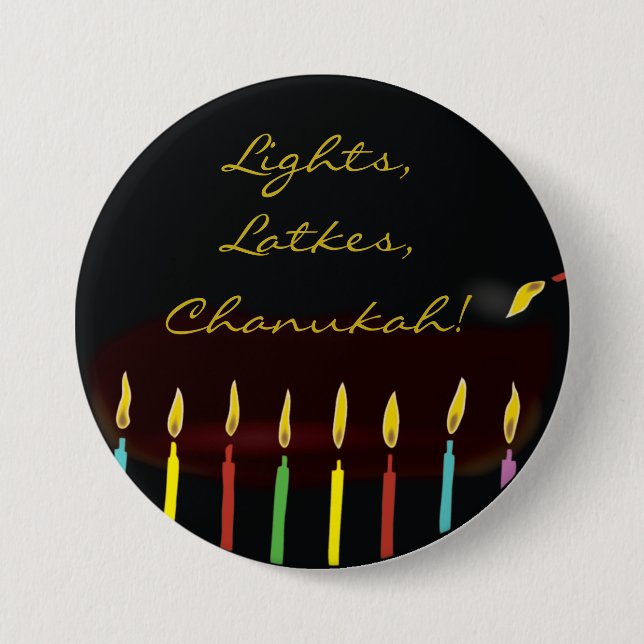 Badge Rond 7,6 Cm Bouton Hanoukka, Lumières, Latkes, Chanukah ! (Devant)