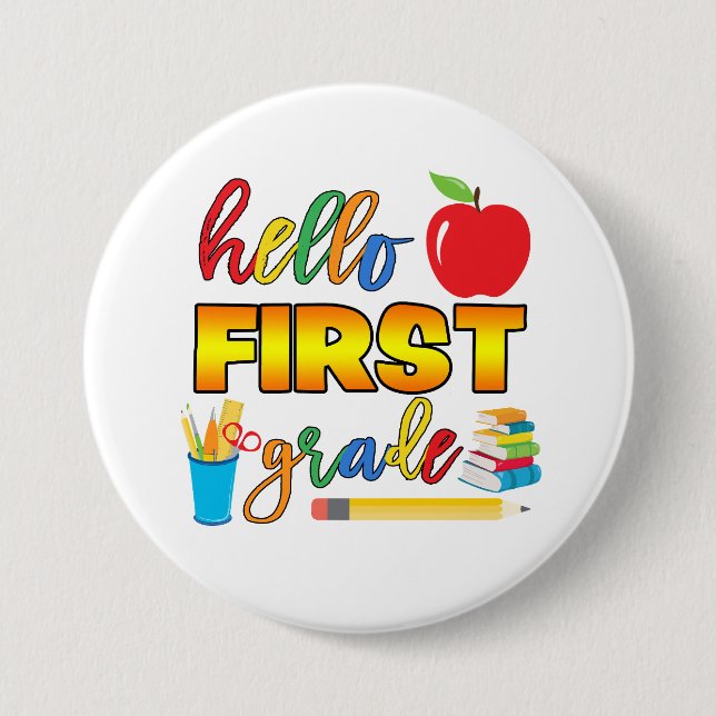 Badge Rond 7,6 Cm Bouton Hello First Grade (Devant)