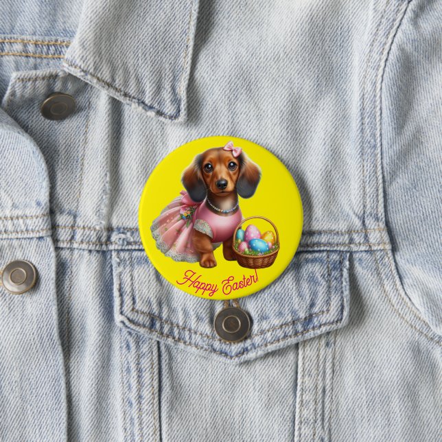 Badge Rond 7,6 Cm Bouton Joyeuses Pâques Teckel (En situation)