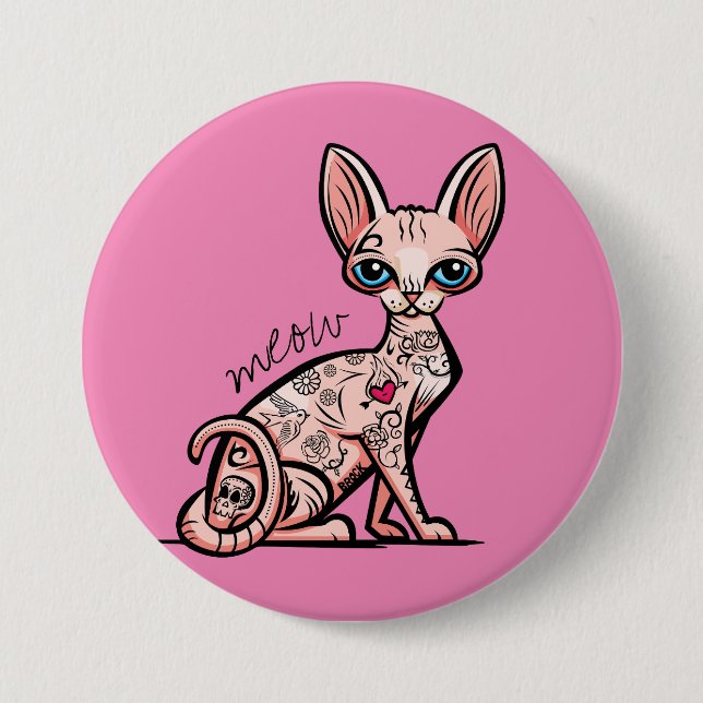 Badge Rond 7,6 Cm Bouton Meow Cat tatoué (Devant)