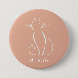 Badge Rond 7,6 Cm Bouton Minimaliste Chat Blanc sur Fond Rose Ajoute