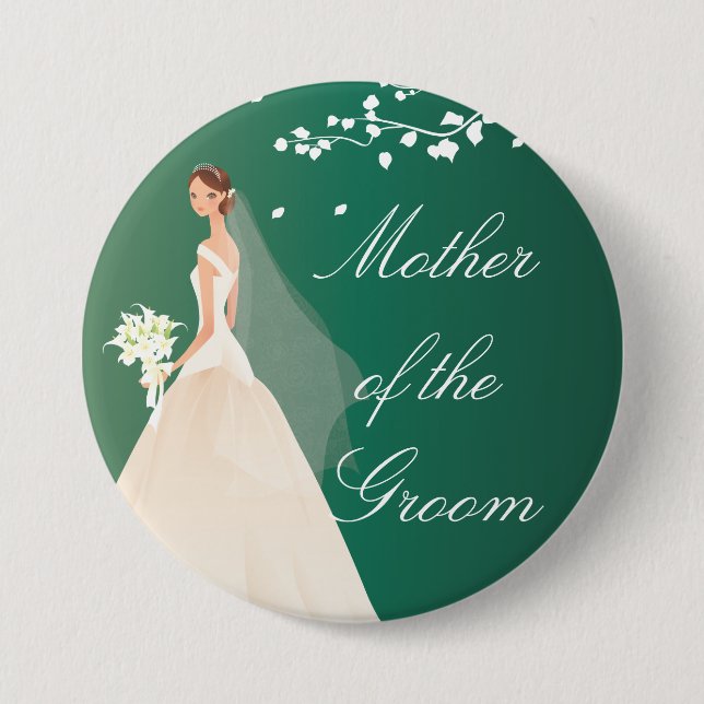 Badge Rond 7,6 Cm Bouton nuptiale vert de partie de la jeune mariée (Devant)