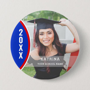 Badge Rond 7,6 Cm Bouton Personnalisé Photo Graduation Rouge et Bleu