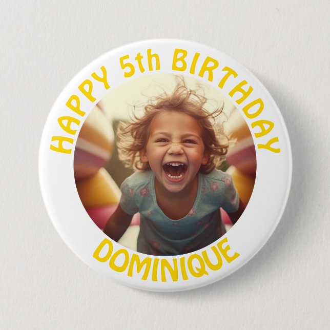 Badge Rond 7,6 Cm Bouton Photo Anniversaire de enfant Avec Nom Et Âg (Devant)