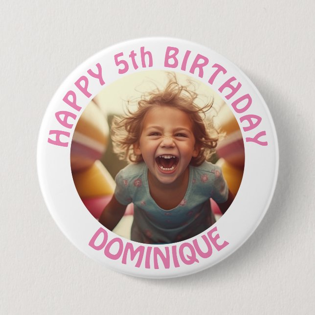 Badge Rond 7,6 Cm Bouton Photo Anniversaire de enfant Avec Nom Et Âg (Devant)