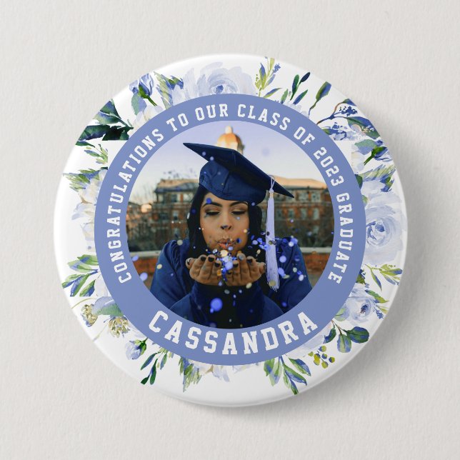 Badge Rond 7,6 Cm Bouton photo Blue Floral Rose Graduation (Devant)