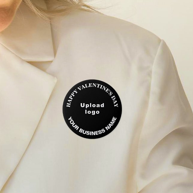 Badge Rond 7,6 Cm Bouton rond noir pour la Saint-Valentin d'affaires (Business name and logo with Happy Valentine's Day greeting on black round button.)