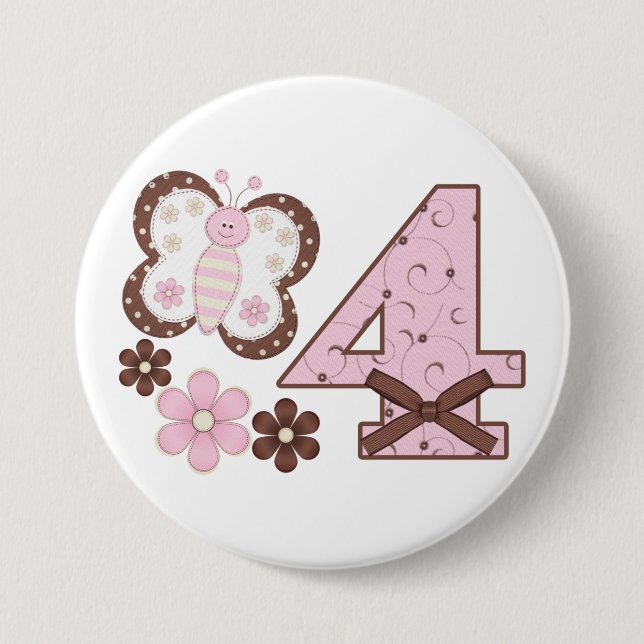 Badge Rond 7,6 Cm Bouton rose papillon 4e anniversaire (Devant)