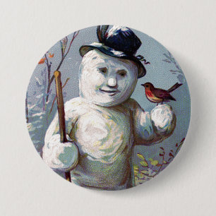 Badge Rond 7,6 Cm Bouton Vintage Snowman avec Oiseau et chapeau supé